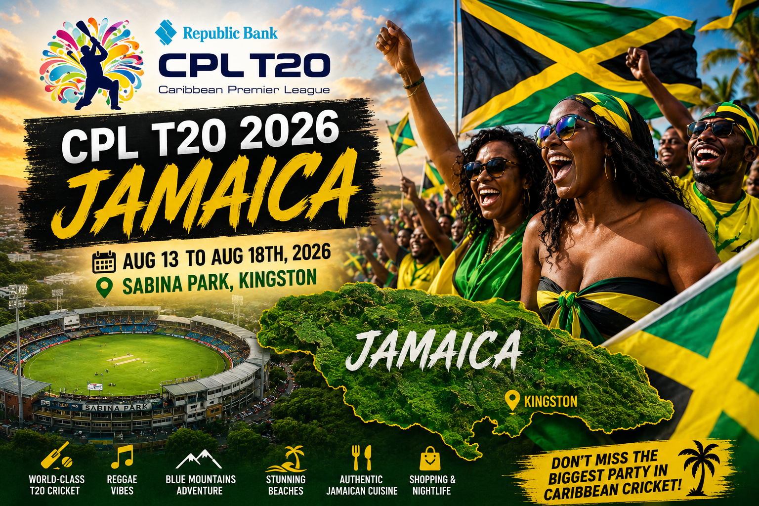 CPL T20 2026 Jamaica — Aug 13 to Aug 18, 2026 at Sabina Park, Kingston