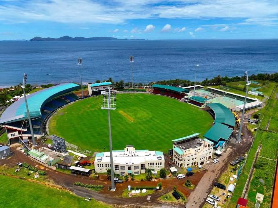 Aerial view of Arnos Vale Stadium beside the Caribbean Sea