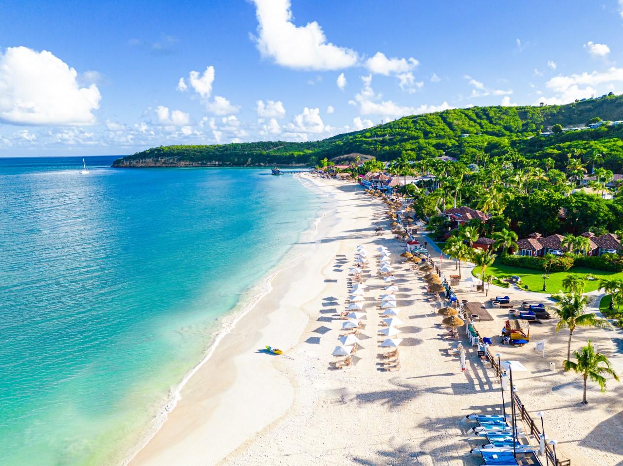 Dickenson Bay beach with umbrellas and turquoise water