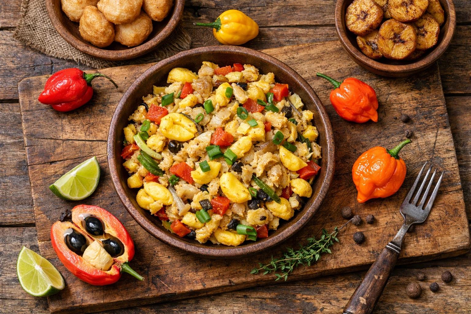 Ackee and saltfish with fried dumplings and plantain — Jamaica''s national dish